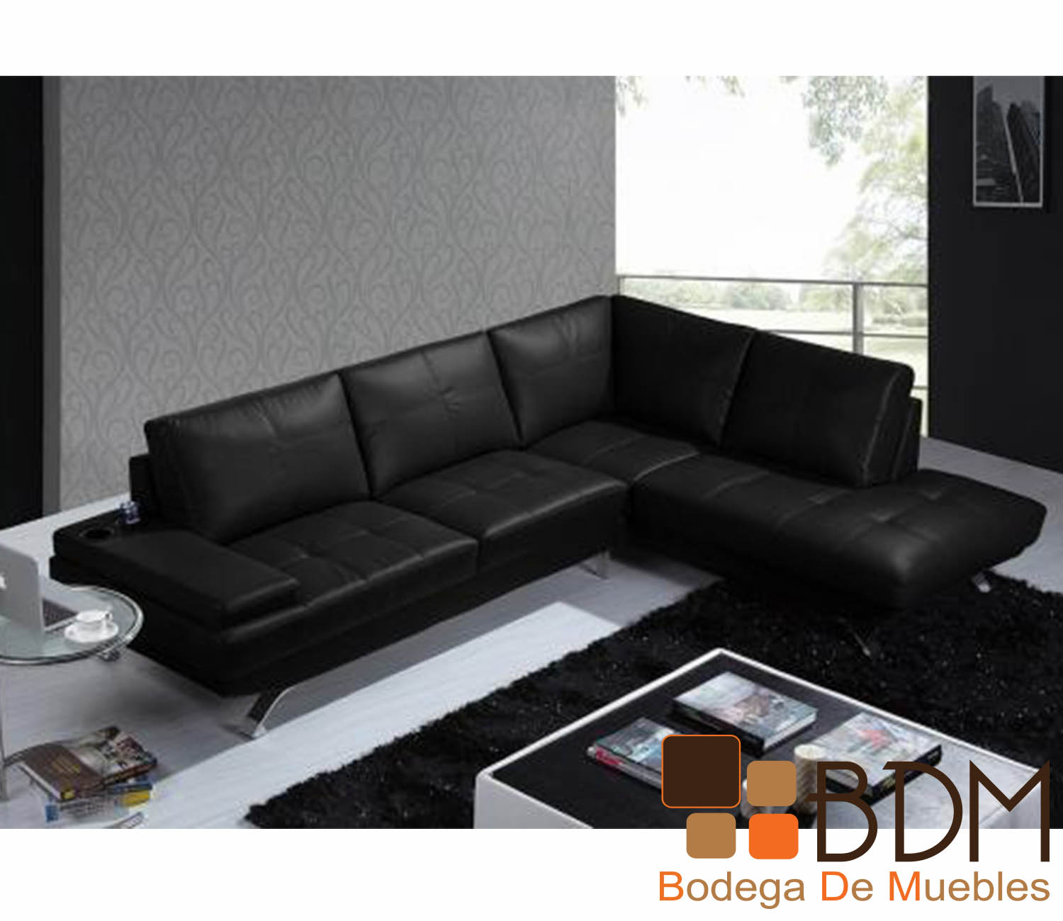 Sala de Piel Esquinera en Color Negro Farrel - Bodega de Muebles Online