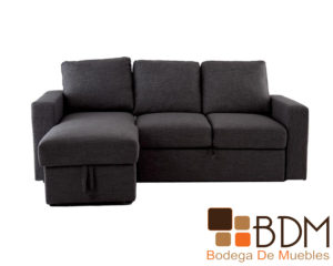 Sofa cama tapizado en tela color gris con baul