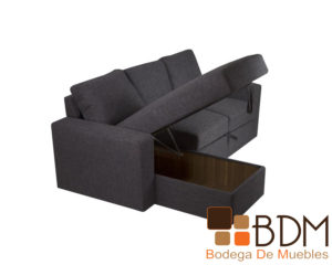 Sofa cama tapizado en tela color gris con baul